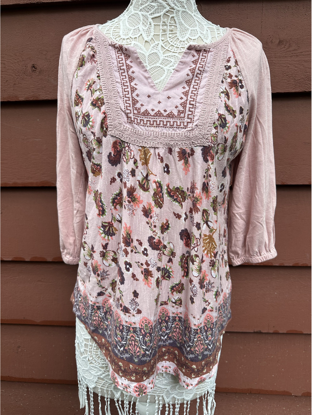 Vintage X America Bohemian Floral Embroidered Pink Blouse‎ 3/4 Cottage